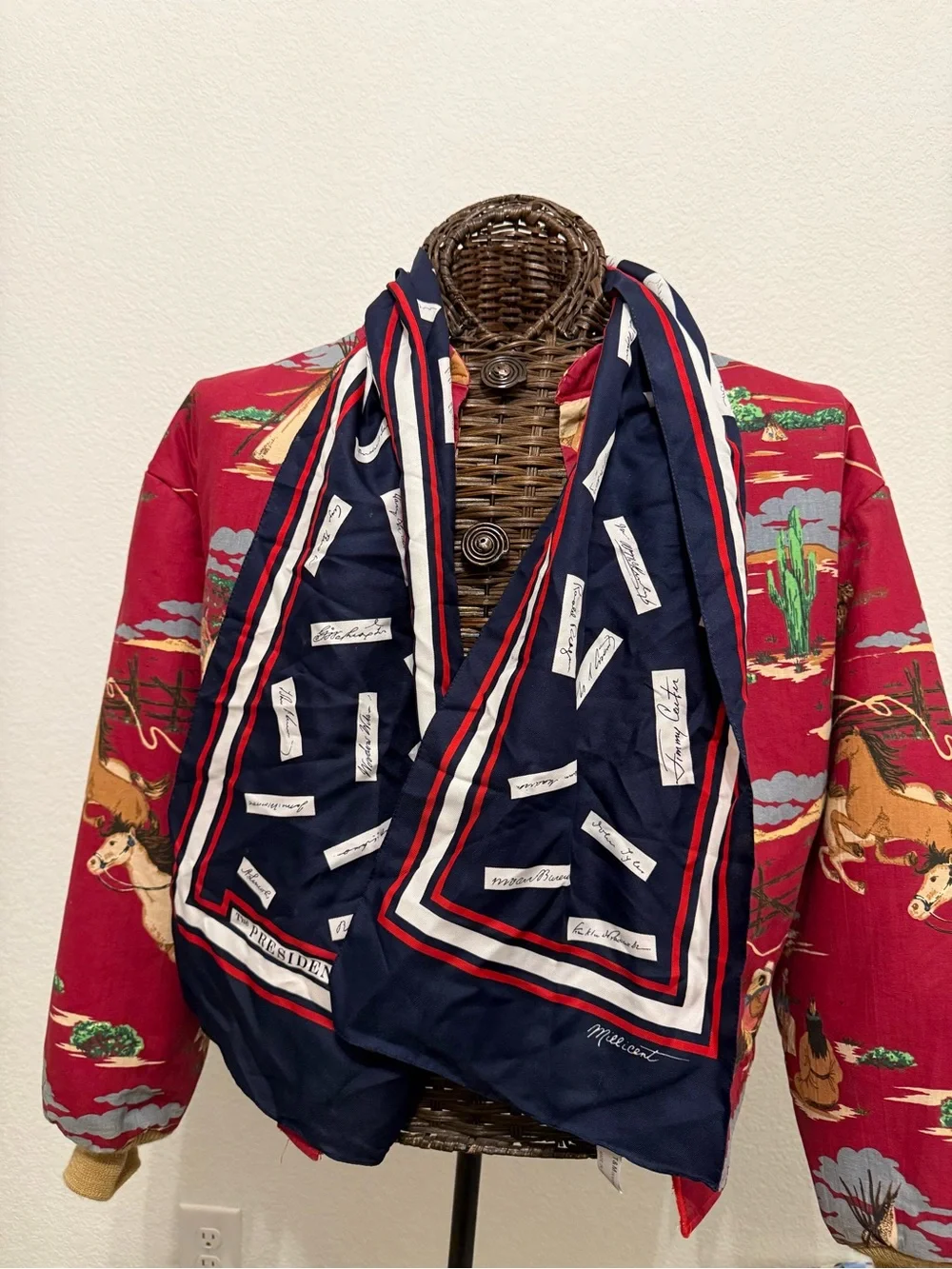 Navy Red White Striped Silk Scarf